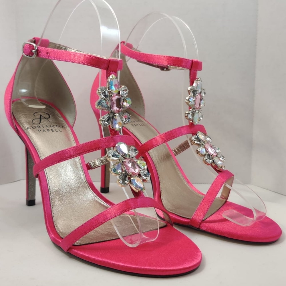 ADRIANNA PAPELL Daphne Sandal Stone Embellishment Ankle Strap Pink Satin Heel